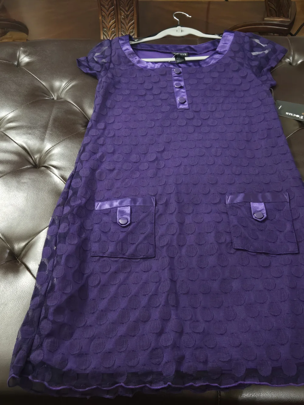 Faded Glory Purple Dot-Texture Short Sleeve Pocket Dress